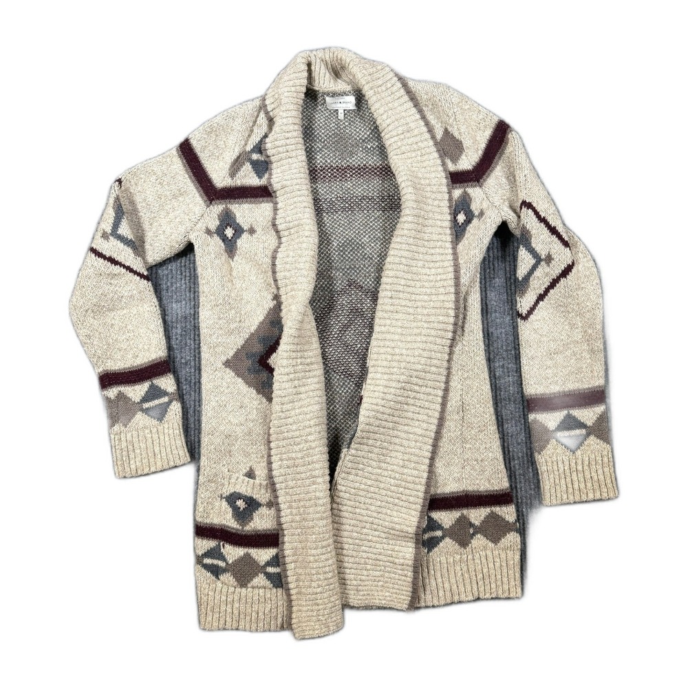 Lucky Brand Womens M Southwestern Aztec Shawl Open Cardigan Sweater Beige